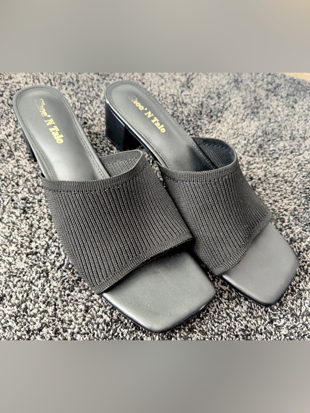 Shoe’N Tale Black Knit Block Heel Slide Mules Square Toe Sandals 11